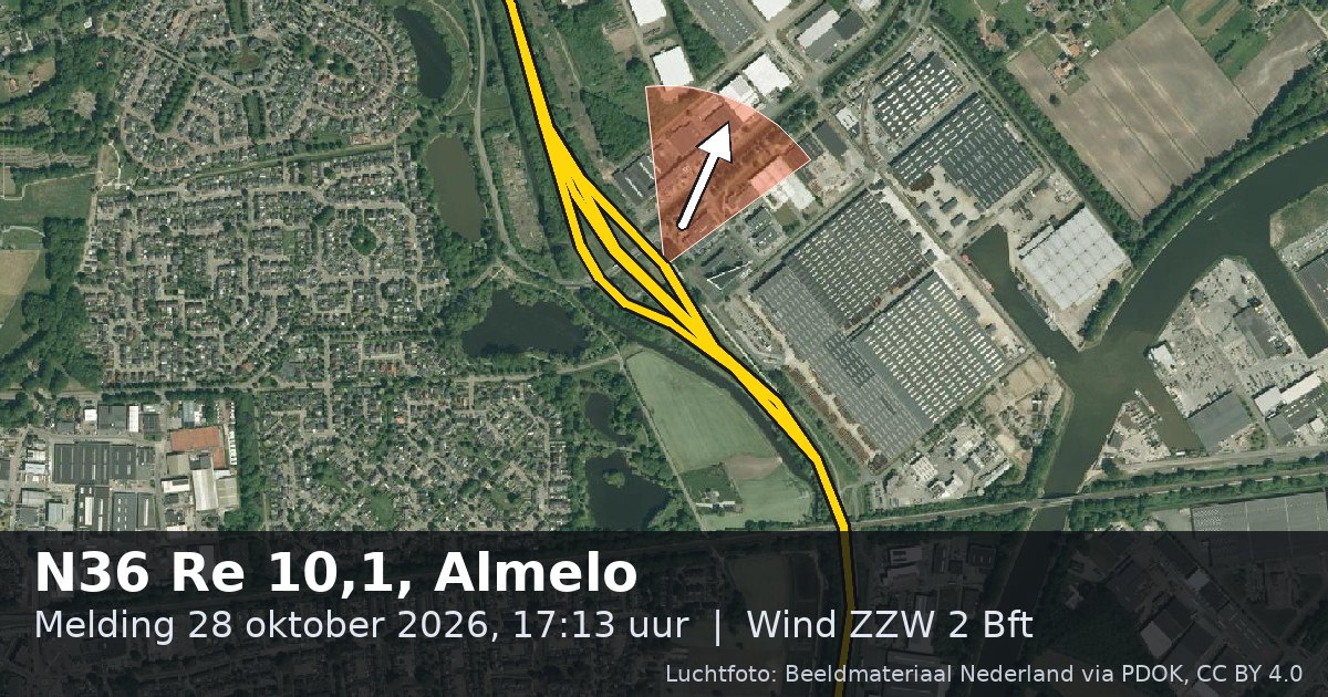 Luchtfoto van de N36 in Almelo, met de straat gemarkeerd en een pijl in de windrichting