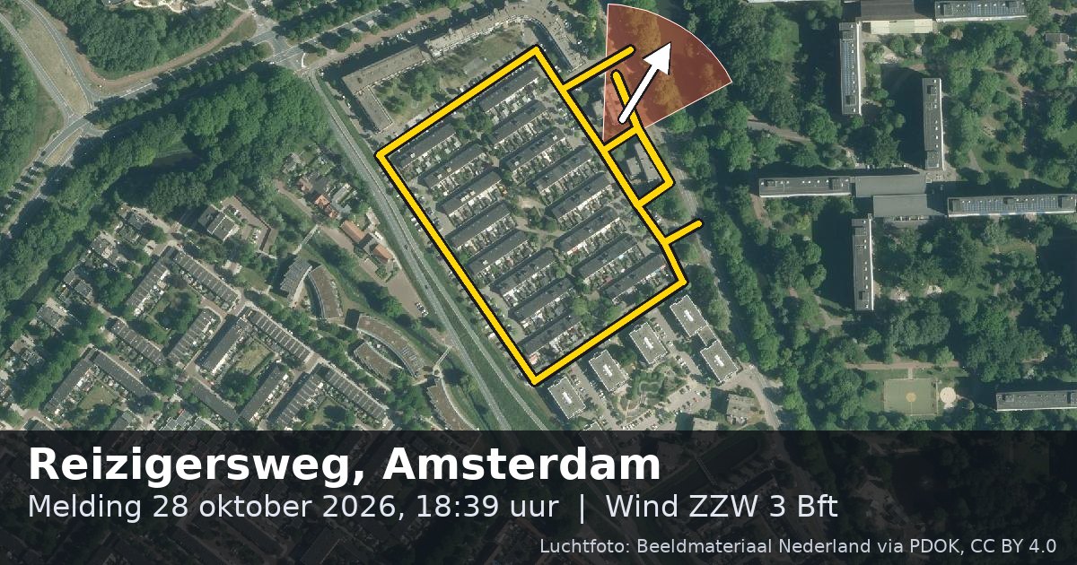 Luchtfoto van de Reizigersweg in Amsterdam, met de straat gemarkeerd en een pijl in de windrichting