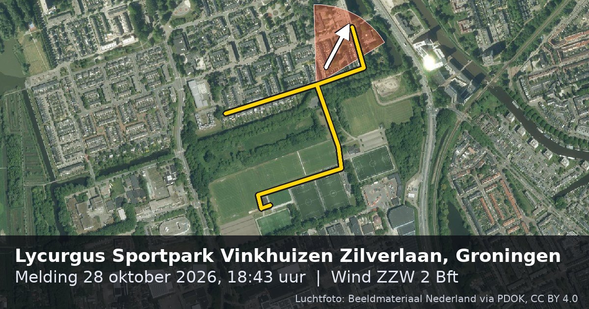 Luchtfoto van de Zilverlaan in Groningen, met de straat gemarkeerd en een pijl in de windrichting