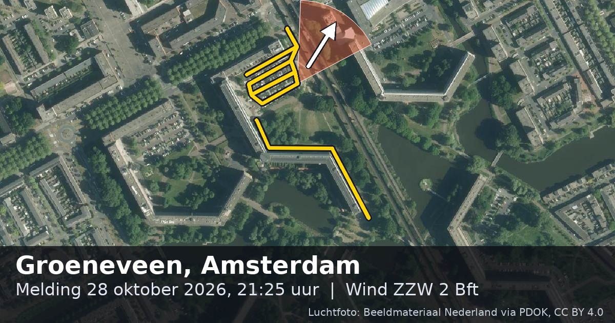 Luchtfoto van de Groeneveen in Amsterdam, met de straat gemarkeerd en een pijl in de windrichting