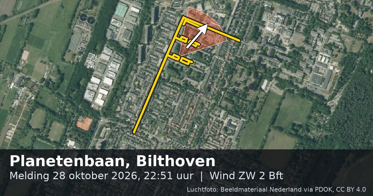 Luchtfoto van de Planetenbaan in Bilthoven, met de straat gemarkeerd en een pijl in de windrichting