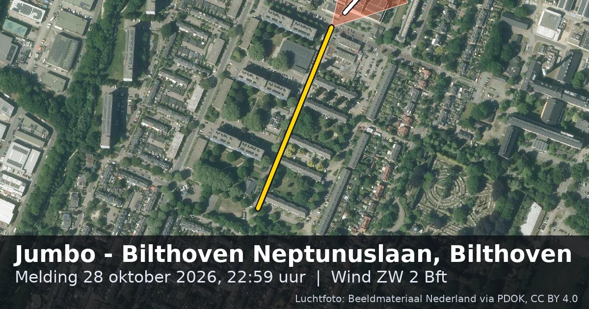 Luchtfoto van de Neptunuslaan in Bilthoven, met de straat gemarkeerd en een pijl in de windrichting
