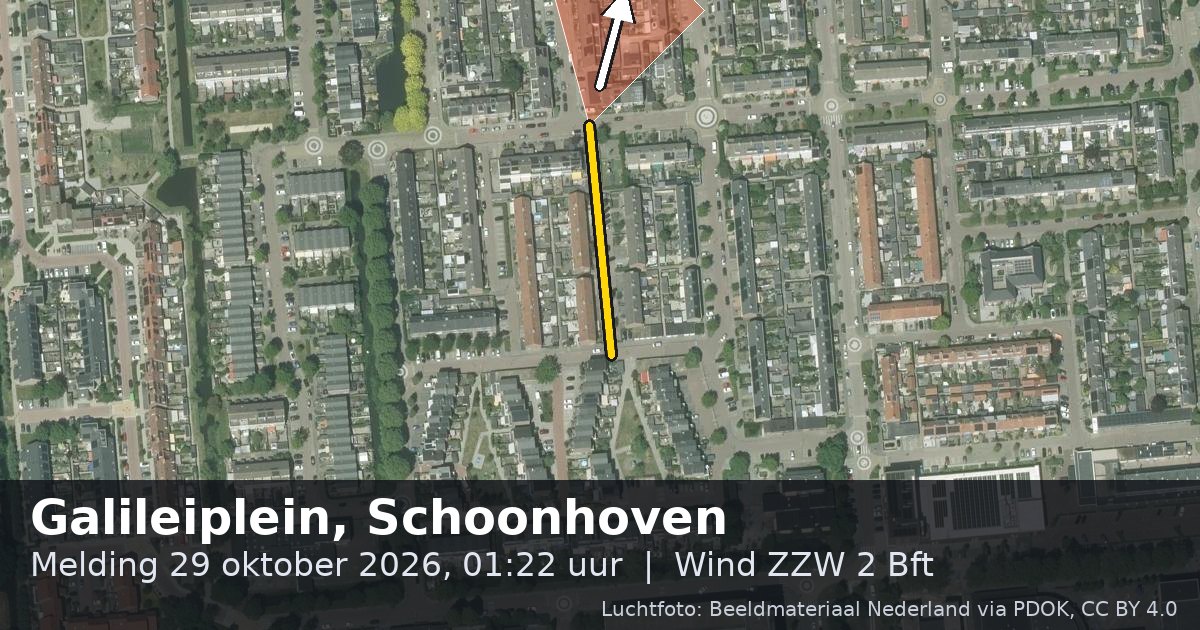 Luchtfoto van de Galileplein in Schoonhoven, met de straat gemarkeerd en een pijl in de windrichting