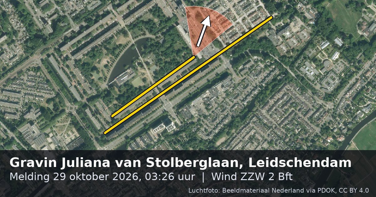 Luchtfoto van de Gravin Juliana van Stolberglaan in Leidschendam, met de straat gemarkeerd en een pijl in de windrichting