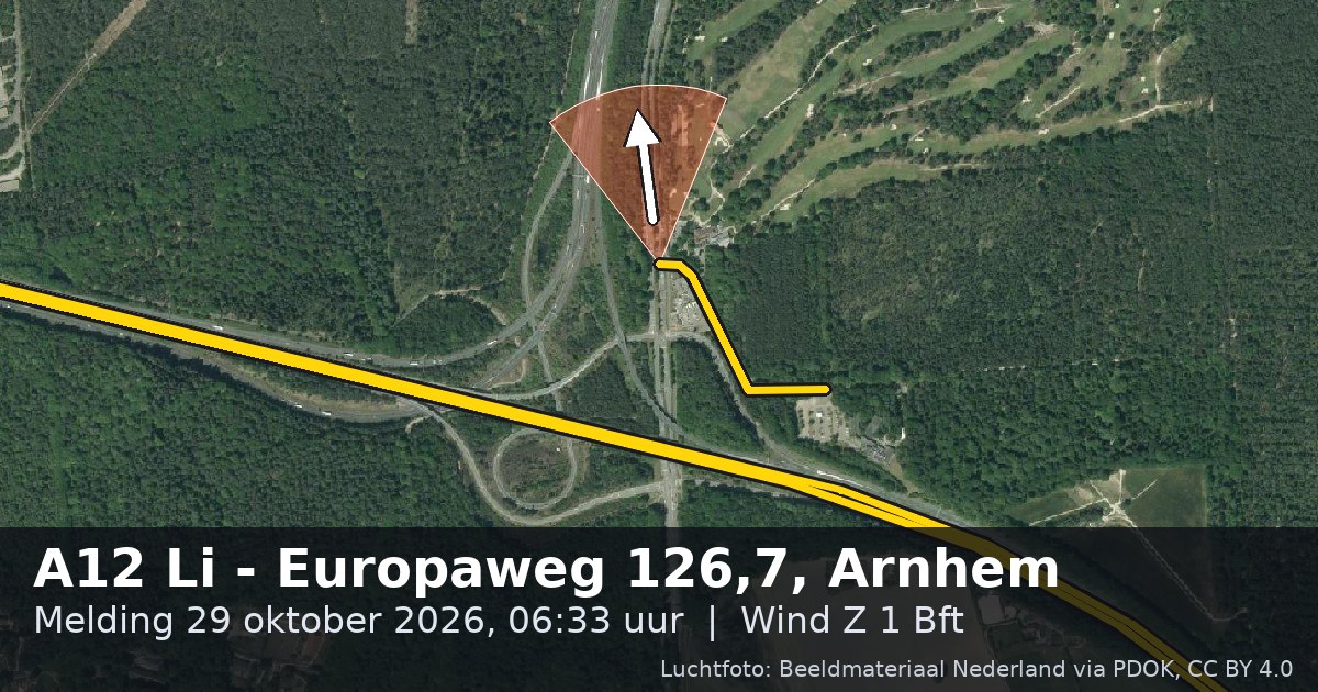 Luchtfoto van de A12 in Arnhem, met de straat gemarkeerd en een pijl in de windrichting