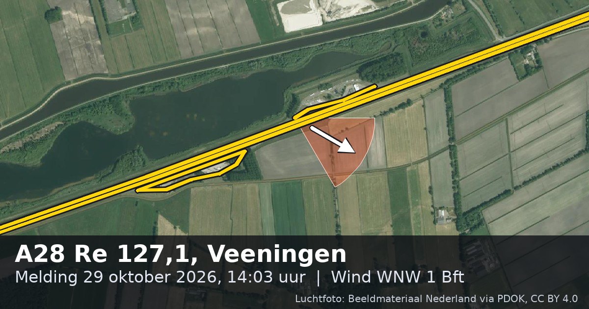 Luchtfoto van de A28 in Veeningen, met de straat gemarkeerd en een pijl in de windrichting