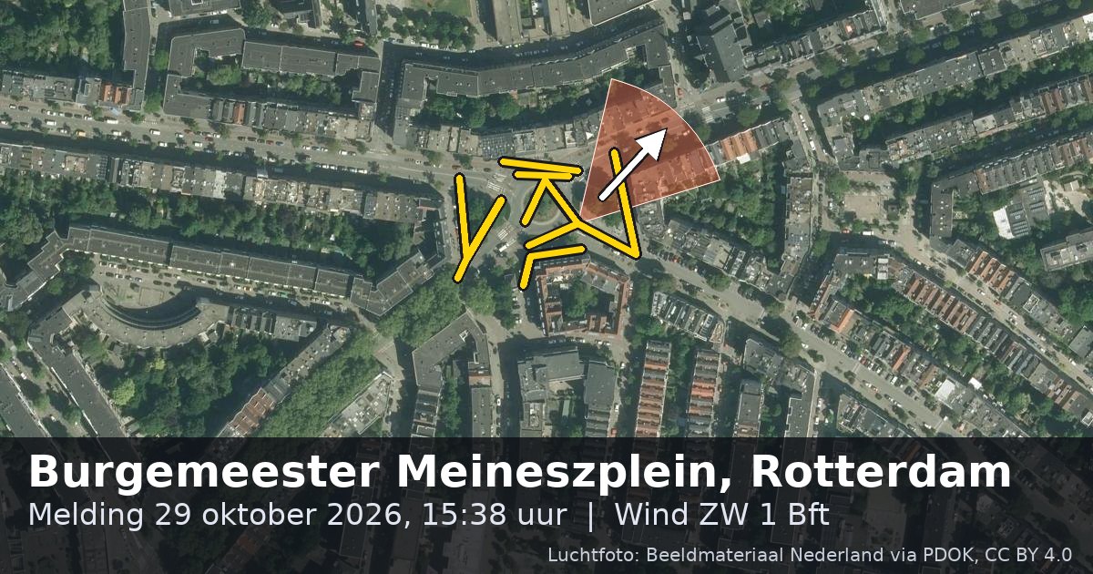 Luchtfoto van de Burgemeester Meineszplein in Rotterdam, met de straat gemarkeerd en een pijl in de windrichting