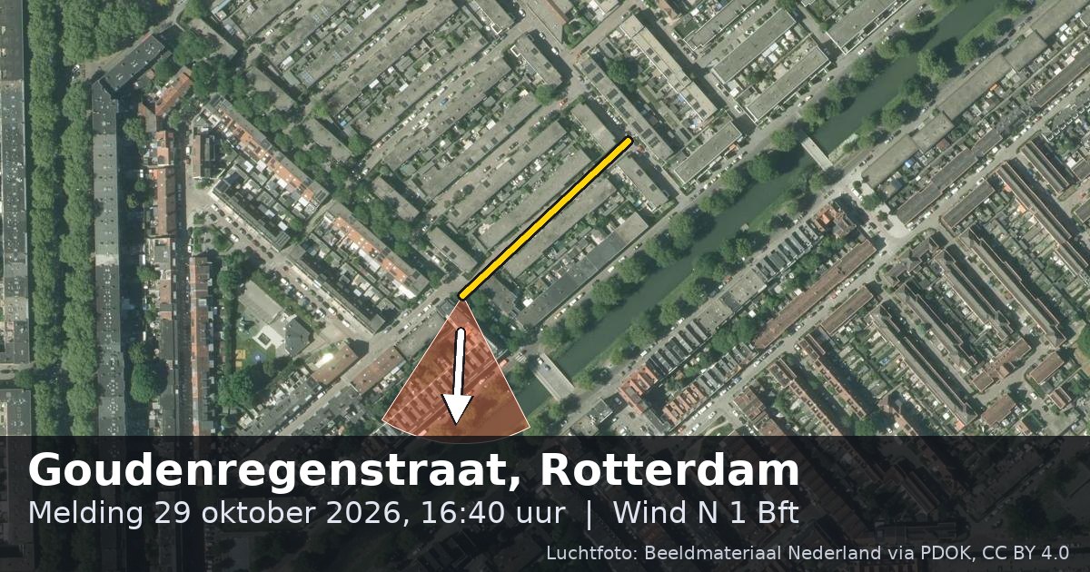 Luchtfoto van de Goudenregenstraat in Rotterdam, met de straat gemarkeerd en een pijl in de windrichting