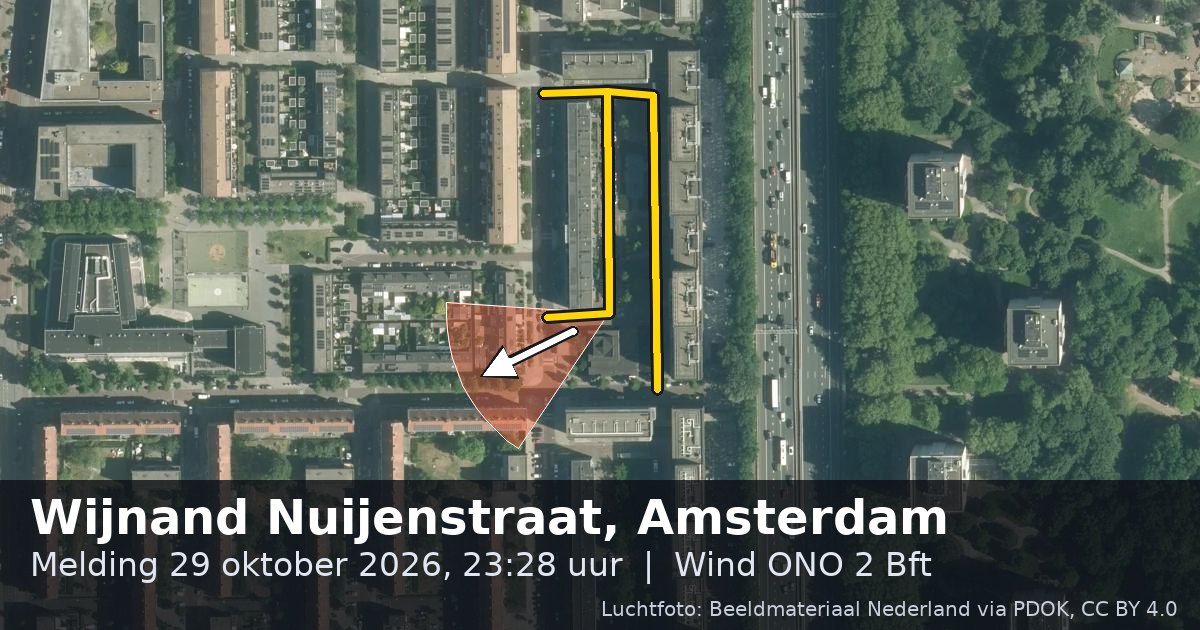 Luchtfoto van de Wijnand Nuijenstraat in Amsterdam, met de straat gemarkeerd en een pijl in de windrichting