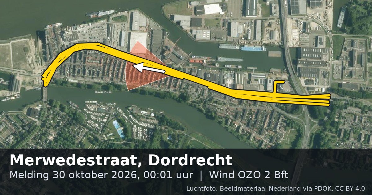 Luchtfoto van de Merwedestraat in Dordrecht, met de straat gemarkeerd en een pijl in de windrichting