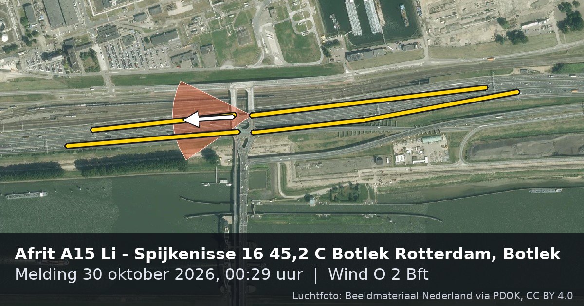 Luchtfoto van de A15 in Botlek, met de straat gemarkeerd en een pijl in de windrichting