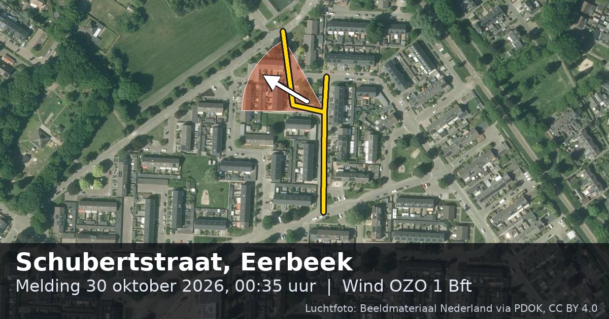 Luchtfoto van de Schubertstraat in Eerbeek, met de straat gemarkeerd en een pijl in de windrichting