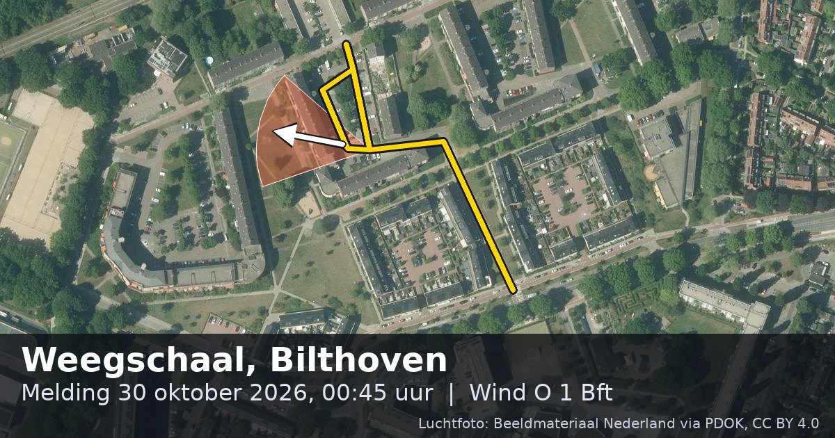 Luchtfoto van de Weegschaal in Bilthoven, met de straat gemarkeerd en een pijl in de windrichting