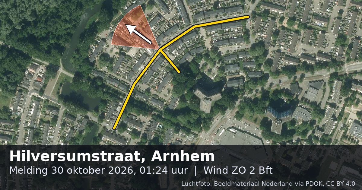 Luchtfoto van de Hilversumstraat in Arnhem, met de straat gemarkeerd en een pijl in de windrichting