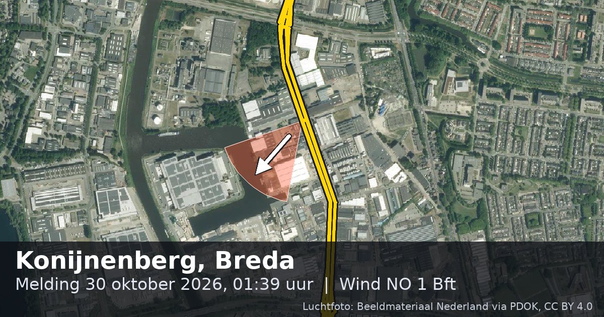 Luchtfoto van de Konijnenberg in Breda, met de straat gemarkeerd en een pijl in de windrichting
