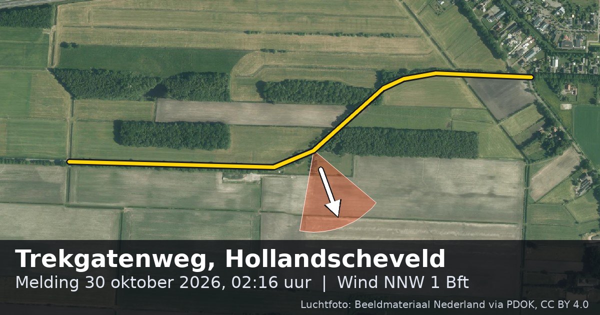 Luchtfoto van de Trekgatenweg in Hollandscheveld, met de straat gemarkeerd en een pijl in de windrichting