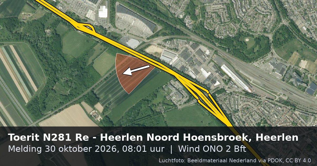 Luchtfoto van de N281 in Heerlen, met de straat gemarkeerd en een pijl in de windrichting