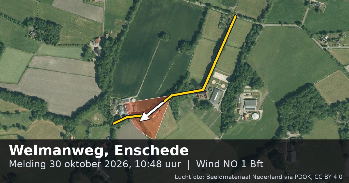 Luchtfoto van de Welmanweg in Enschede, met de straat gemarkeerd en een pijl in de windrichting