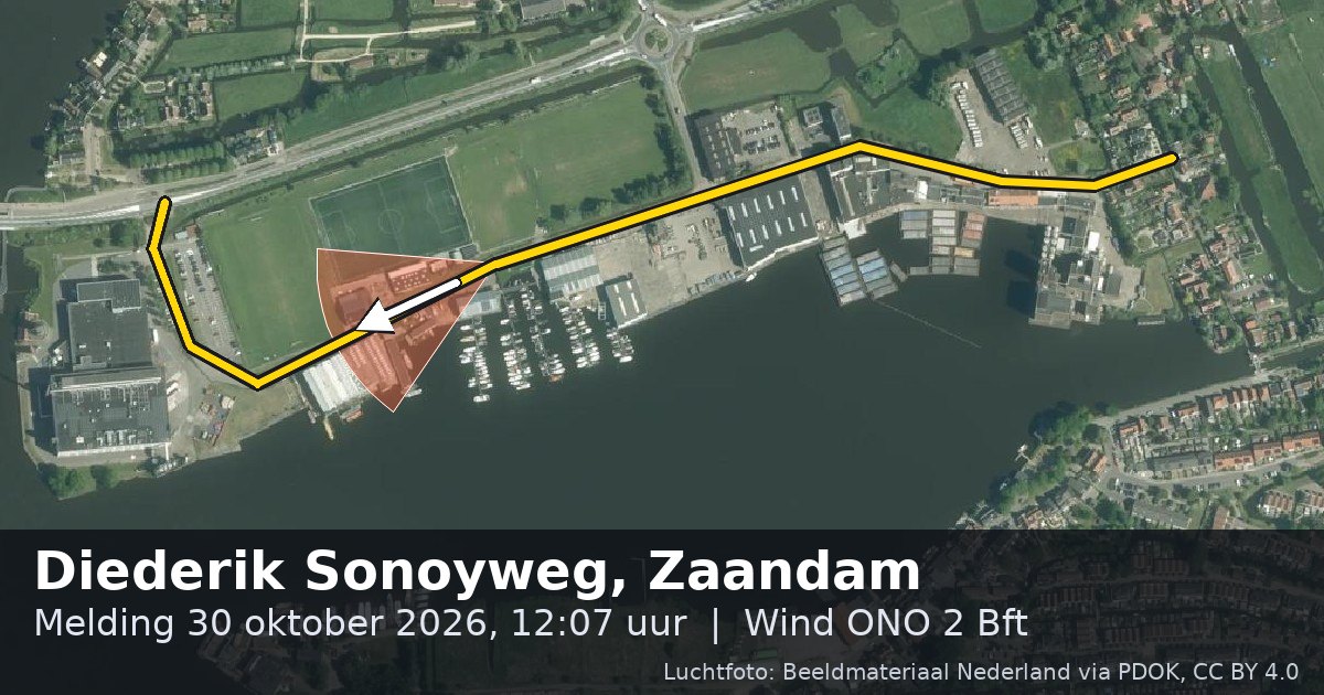 Luchtfoto van de Diederik Sonoyweg in Zaandam, met de straat gemarkeerd en een pijl in de windrichting