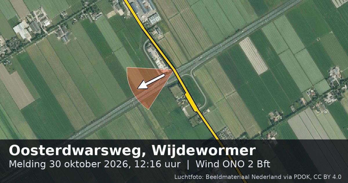 Luchtfoto van de Oosterdwarsweg in Wijdewormer, met de straat gemarkeerd en een pijl in de windrichting