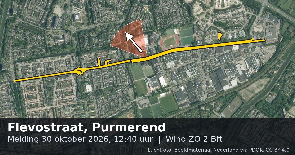 Luchtfoto van de Flevostraat in Purmerend, met de straat gemarkeerd en een pijl in de windrichting