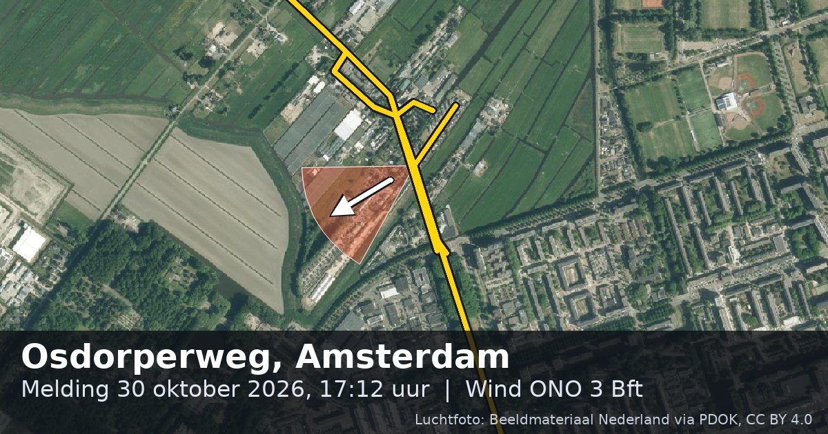 Luchtfoto van de Osdorperweg in Amsterdam, met de straat gemarkeerd en een pijl in de windrichting