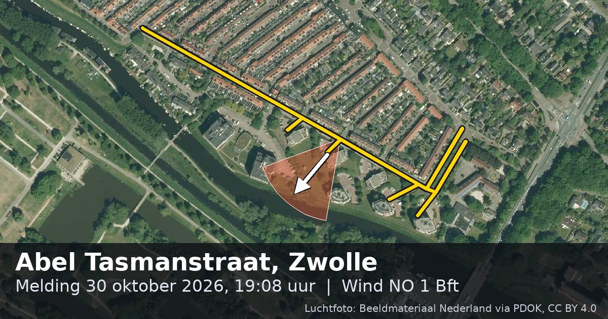 Luchtfoto van de Abel Tasmanstraat in Zwolle, met de straat gemarkeerd en een pijl in de windrichting