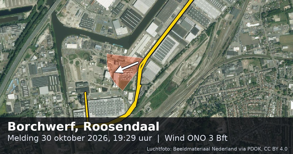Luchtfoto van de Borchwerf in Roosendaal, met de straat gemarkeerd en een pijl in de windrichting