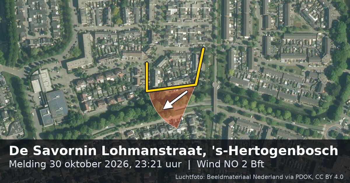 Luchtfoto van de De Savornin Lohmanstraat in 's-Hertogenbosch, met de straat gemarkeerd en een pijl in de windrichting