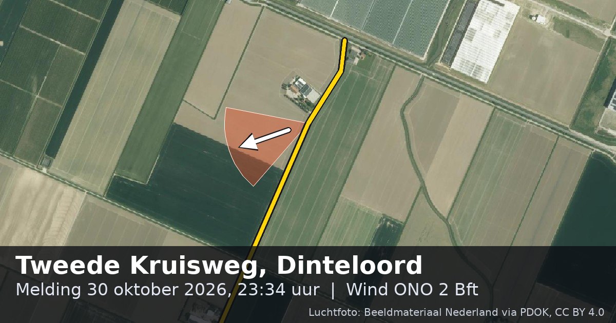 Luchtfoto van de Tweede Kruisweg in Dinteloord, met de straat gemarkeerd en een pijl in de windrichting