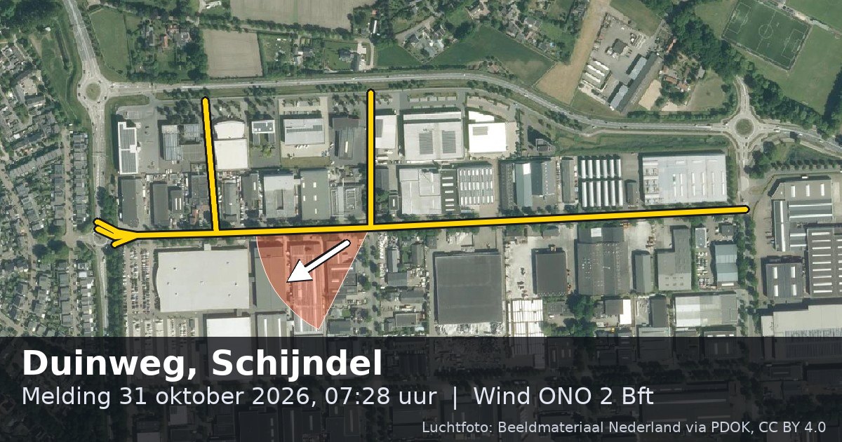 Luchtfoto van de Duinweg in Schijndel, met de straat gemarkeerd en een pijl in de windrichting