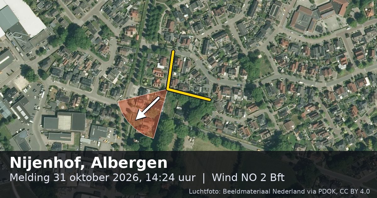Luchtfoto van de Nijenhof in Albergen, met de straat gemarkeerd en een pijl in de windrichting