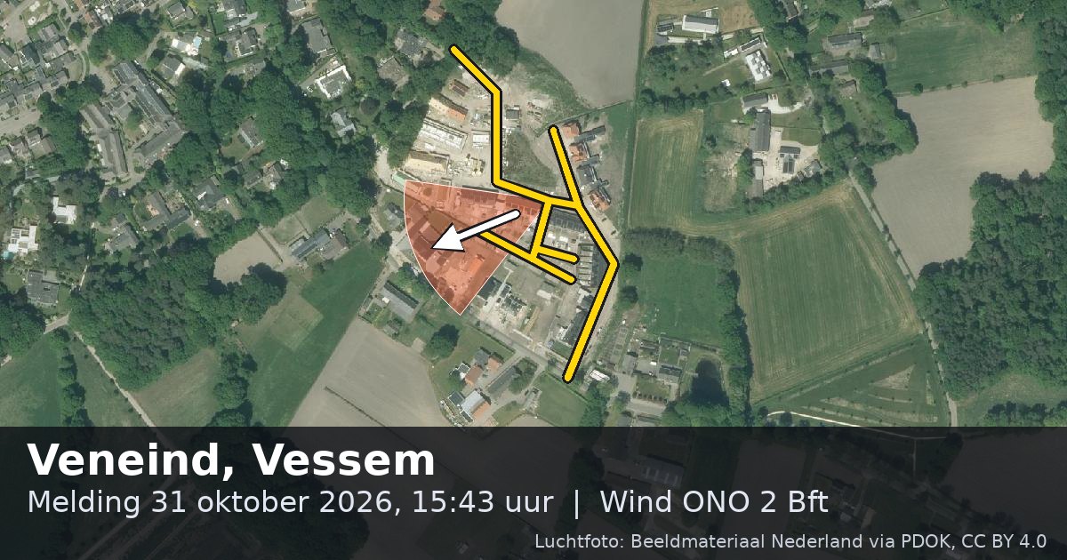 Luchtfoto van de Veneind in Vessem, met de straat gemarkeerd en een pijl in de windrichting
