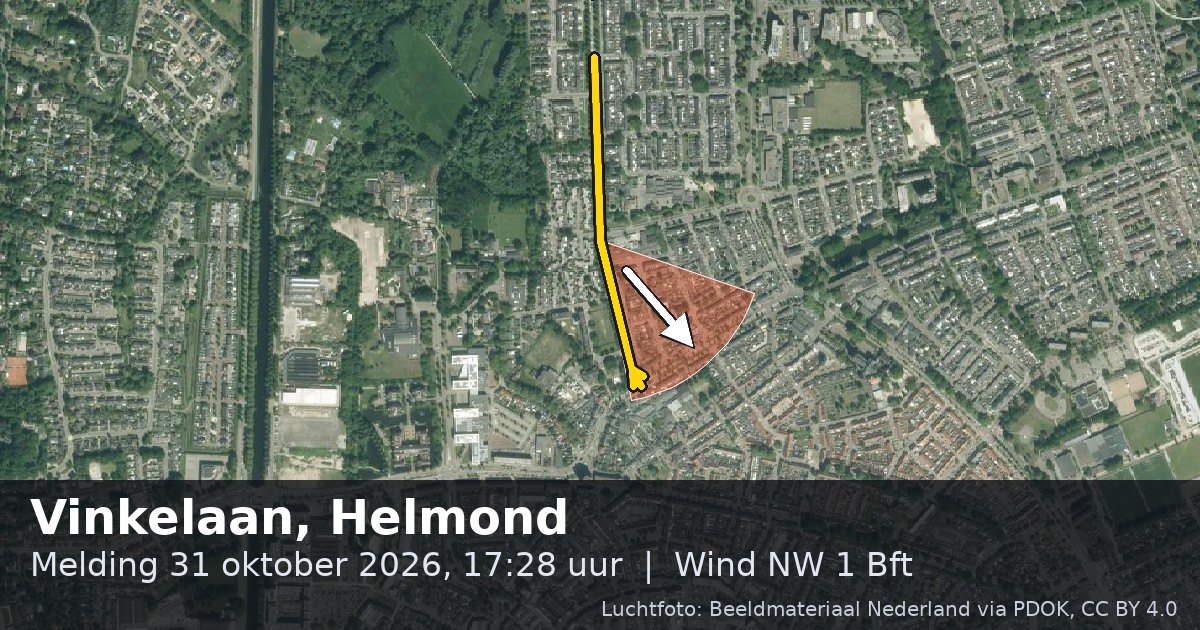 Luchtfoto van de Vinkelaan in Helmond, met de straat gemarkeerd en een pijl in de windrichting