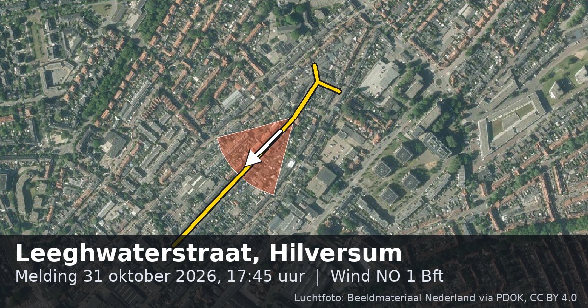 Luchtfoto van de Leeghwaterstraat in Hilversum, met de straat gemarkeerd en een pijl in de windrichting