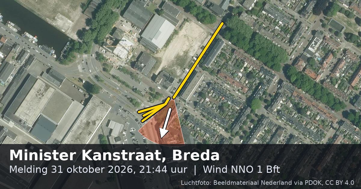 Luchtfoto van de Minister Kanstraat in Breda, met de straat gemarkeerd en een pijl in de windrichting