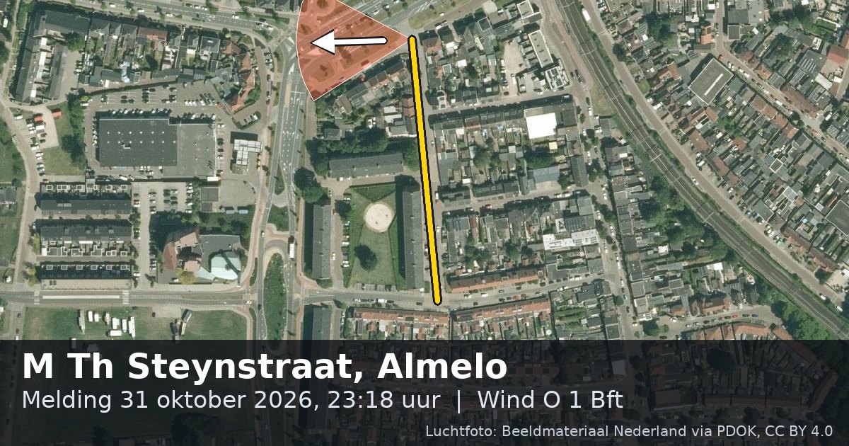 Luchtfoto van de M Th Steynstraat in Almelo, met de straat gemarkeerd en een pijl in de windrichting